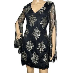 Lulu's Say It With Flowers Black Metallic Lace Bell Sleeve Mini Dress NWT small